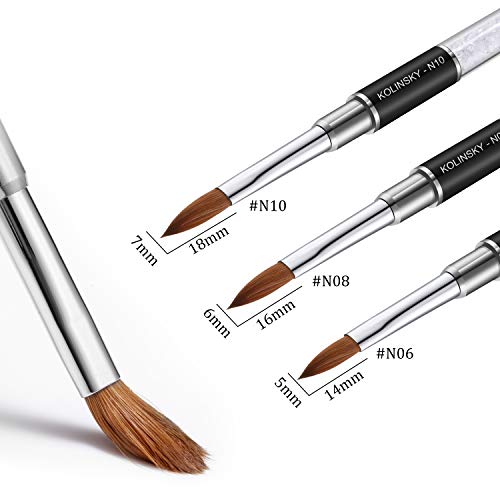 3 Piezas Cepillo Kolinsky Sable Pinceles de Uñas de Acrílico Cristal con Mango Metal y Diamante de Imitación Blanco para Manicura en Polvo Acrílico, Talla 6, Talla 8, Talla 10