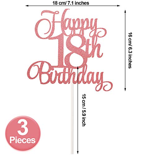 3 Piezas Toppers de Tarta de Cumpleaños de 18 Años Adornos de Magdalena Pasteles Palillos de Tartas Brillantes para Fiesta de Cumpleaños, Dorado Rosado