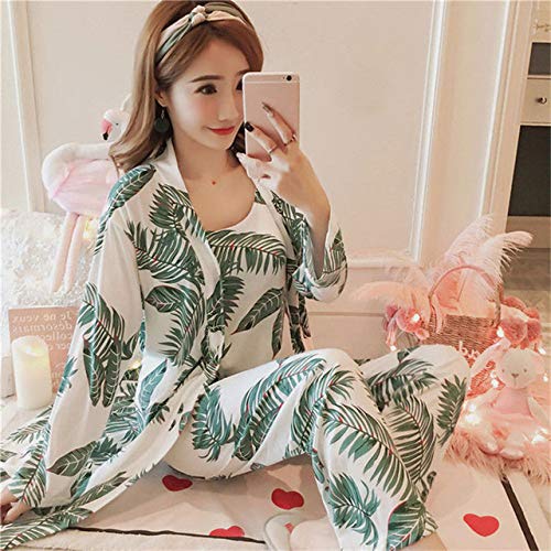 3 Pijamas para Mujer Primavera y Verano Muebles para el hogar Pijama de Tres Piezas Camisa de Vestir Pantalones Anchos