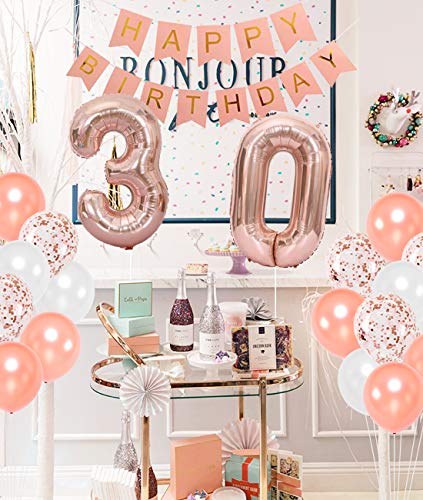 30 cumpleaños decoraciones para mujeres - 30 cumpleaños feliz cumpleaños rosa con Sash, Número 30 Foil Balloon, Rosa feliz cumpleaños Bunting,