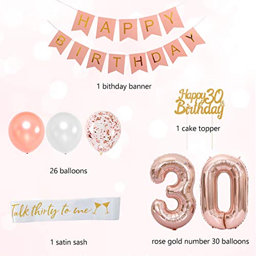 30 cumpleaños decoraciones para mujeres - 30 cumpleaños feliz cumpleaños rosa con Sash, Número 30 Foil Balloon, Rosa feliz cumpleaños Bunting,