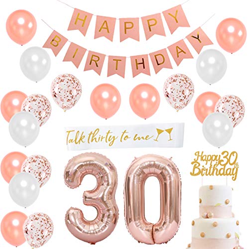 30 cumpleaños decoraciones para mujeres - 30 cumpleaños feliz cumpleaños rosa con Sash, Número 30 Foil Balloon, Rosa feliz cumpleaños Bunting,