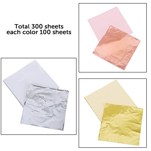 300 Hojas de Papel de Oro de Imitación, Papel de Plata de Imitación, Papel de Oro Rosa de Imitación para Artes, Artesanía de Dorado, Decoración, Muebles, 14 por 14 cm
