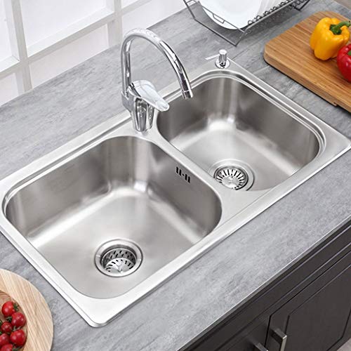 304 Fregaderos de Acero Inoxidable/Dos tazones/Fregaderos de Cocina Fregadero Doble Cuadrado Lavabo Resistente a rayones 11.5