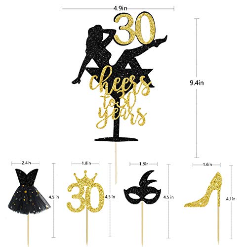33 piezas negro purpurina oro Cheers to 30 años Topper para tarta 30 cumpleaños Cake Decorations Cupcake Topper Kit para mujer 30 ° aniversario celebración de boda decoración para fiestas ideas