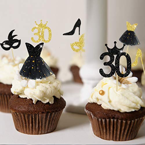 33 piezas negro purpurina oro Cheers to 30 años Topper para tarta 30 cumpleaños Cake Decorations Cupcake Topper Kit para mujer 30 ° aniversario celebración de boda decoración para fiestas ideas