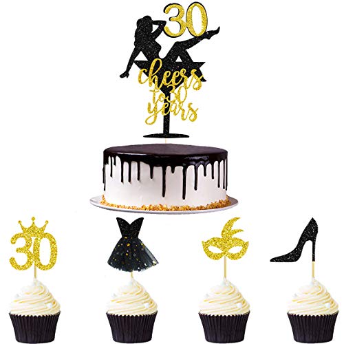 33 piezas negro purpurina oro Cheers to 30 años Topper para tarta 30 cumpleaños Cake Decorations Cupcake Topper Kit para mujer 30 ° aniversario celebración de boda decoración para fiestas ideas