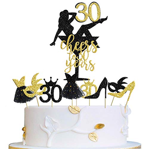 33 piezas negro purpurina oro Cheers to 30 años Topper para tarta 30 cumpleaños Cake Decorations Cupcake Topper Kit para mujer 30 ° aniversario celebración de boda decoración para fiestas ideas