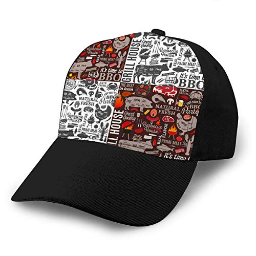 3942 Sombreros de béisbol de Hip Hop de Color de Contraste Ajustable Fondo de Barbacoa Carne de Barbacoa Verduras Iconos de Equipos de Cerveza Café Bar Restaurante Menú de Marca Psychedelic Plain Cap