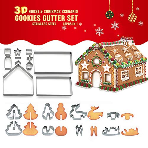 3D Christmas Cookie Cutter Set, UMIWE 18 piezas de acero inoxidable Pastelería Galletas Cortadores de chocolate Molde Herramientas para hornear DIY, Pastel Fondant Cutter Bakeware