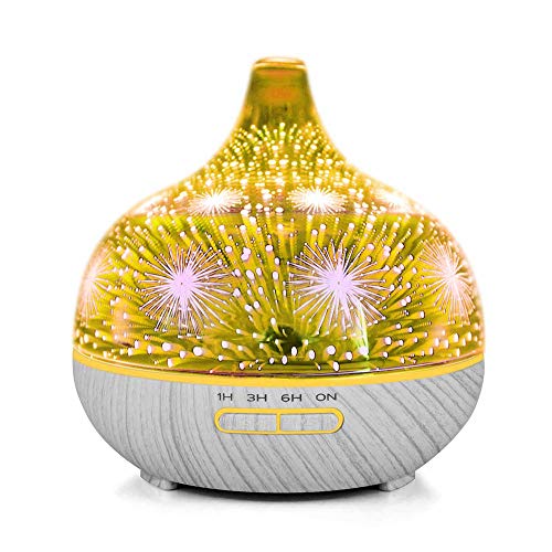 3D vidrio fuegos artificiales ultrasonido esencial Aromaterapia difusor, 400 ml capacidad humidificador aroma con 7 colores cambiado LED luz de estado de ánimo (base gris)