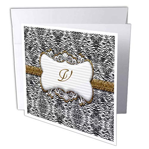 3Drose Elegante Parte trasera y estampado de animales blancos con marco de oro Monograma letra V – Tarjetas de felicitación, 6 por 6 pulgadas, juego de 12 (gc_113956_2)