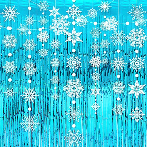 4 Guirnaldas de Copo de Nieve Cortina de Oropel Metálico de Azul Copo de Nieve Colgante de Invierno Cortina de Fleco de Aluminio Accesorios de Cabina de Fotos para Navidad Año Nuevo Boda Baby Shower