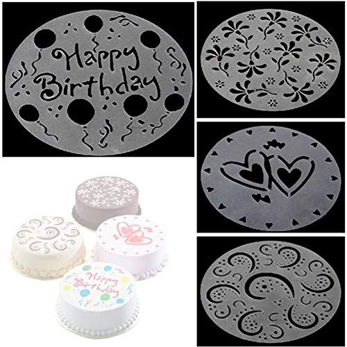 4 Unid Plantillas para Pastel en Spray 4 Estilos Corazón Flor Serigrafía Café Tiramisú Cumpleaños Plantillas de Pastel de Bodas Plantilla Molde Decoración Reutilizable DIY Herramientas de Artesanía