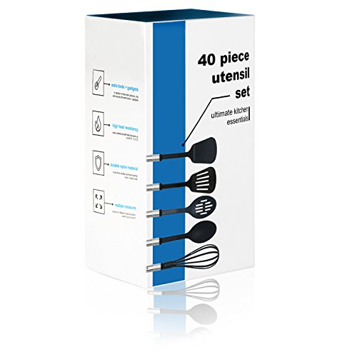 40 Pcs Premium Utensilios de Cocina - Nylon de Calidad Alimentaria y Acero Inoxidable - Práctico, Resistente al Calor, Antiadherente | Conjuntos Completos de Cocina: Cuchara Espátula Rallador etc