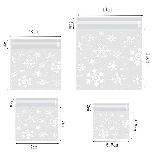 400 Piezas de Bolsas de Galletas Transparente Navideñas,Bolsas de Plástico para Galletas de Copo de Nieve,Bolsa de Embalaje de Regalo,para Galletas,Caramelos,Chocolate,4 Paquetes de 4 Tamaños