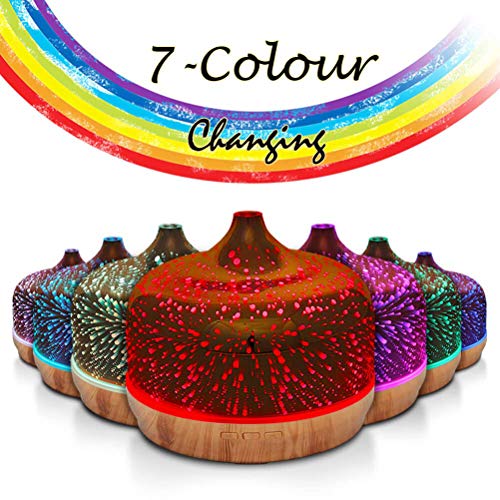 400ml Difusor de Aromas de Vapor Frío para Aceites Esenciale, Humidificador Aromaterapia Vidrio 3D con Control Remoto, Efecto de Fuegos Artificiales de 7 Colores 4 Temporizador, Grano de Madera Oscura