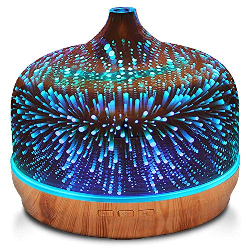 400ml Difusor de Aromas de Vapor Frío para Aceites Esenciale, Humidificador Aromaterapia Vidrio 3D con Control Remoto, Efecto de Fuegos Artificiales de 7 Colores 4 Temporizador, Grano de Madera Oscura