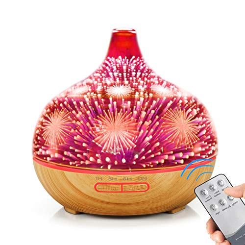 400ml Difusor de Aromas de Vapor Frío para Aceites Esenciale, Humidificador Aromaterapia Vidrio 3D con Control Remoto, Efecto de Fuegos Artificiales de 7 Colores 4 Temporizador, Grano de Madera Clara