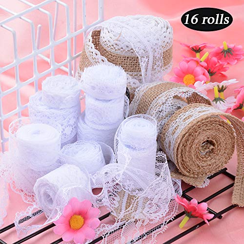 44Metros 16 Rollos Cintas Encaje Blanco Puntillas Cintas Arpillera Natural Yute Boda Decoración Manualidades Bricolaje DIY Costura