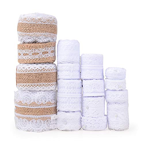 44Metros 16 Rollos Cintas Encaje Blanco Puntillas Cintas Arpillera Natural Yute Boda Decoración Manualidades Bricolaje DIY Costura