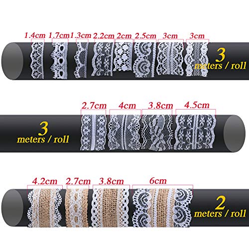 44Metros 16 Rollos Cintas Encaje Blanco Puntillas Cintas Arpillera Natural Yute Boda Decoración Manualidades Bricolaje DIY Costura