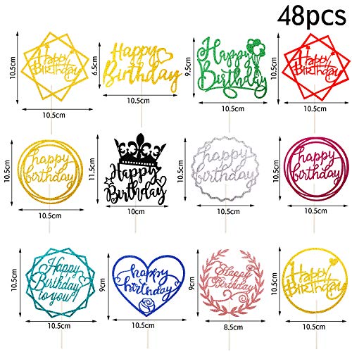 48 Piezas Topper de Tarta de Cumpleaños Brillante Topper de Magdalena de Happy Birthday Palillos de Postre Multicolor Decoración de Tartas para Cumpleaños, 12 Estilos