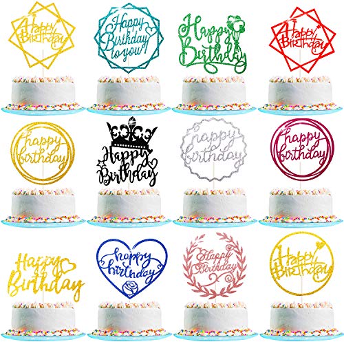 48 Piezas Topper de Tarta de Cumpleaños Brillante Topper de Magdalena de Happy Birthday Palillos de Postre Multicolor Decoración de Tartas para Cumpleaños, 12 Estilos