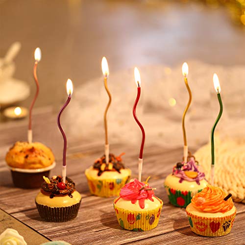 48 Piezas Velas de Cumpleaños Sinuosos Velas de Pastel Magdalena Espiral Metálico con Funda Velas de Tarta de Bobina Rizada Larga y Delgada para Decoración Fiesta Boda Cumpleaños (Colorido Metálico)