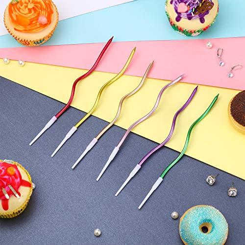48 Piezas Velas de Cumpleaños Sinuosos Velas de Pastel Magdalena Espiral Metálico con Funda Velas de Tarta de Bobina Rizada Larga y Delgada para Decoración Fiesta Boda Cumpleaños (Colorido Metálico)