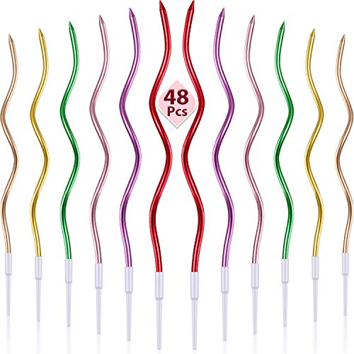 48 Piezas Velas de Cumpleaños Sinuosos Velas de Pastel Magdalena Espiral Metálico con Funda Velas de Tarta de Bobina Rizada Larga y Delgada para Decoración Fiesta Boda Cumpleaños (Colorido Metálico)