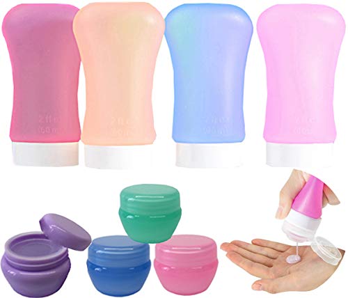 4PCS Botes Viaje Liuer Neceser Viaje Mujer Hombre Viaje Botella Sin Bpa de Silicona a Prueba de Fugas y 4PCS Plástico Tarro de Crema para champús lociones y artículos de tocador FDA Certified