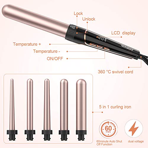 5 en 1 rizador de pelo con varillas profesional, cuenta con 5 cabezales de cerámica turmalina intercambiables, función de apagado automático y anti-quemaduras, doble voltaje 110-240V, pantalla LCD
