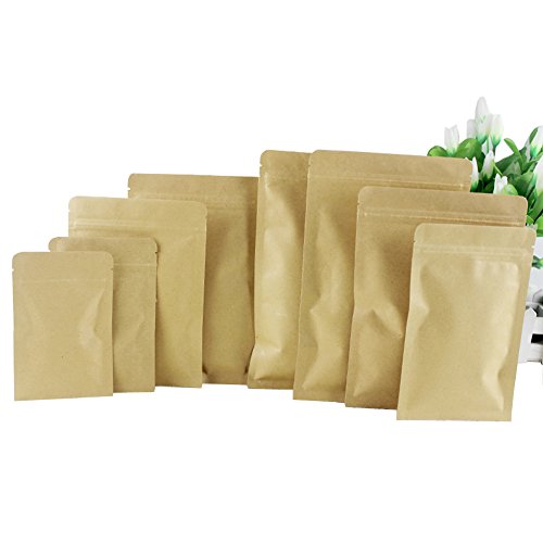 50 bolsas herméticas de papel kraft con papel de aluminio y base plana, 5,5 mm, para hojas de té y frutas deshidratadas, 6 x 8 cm