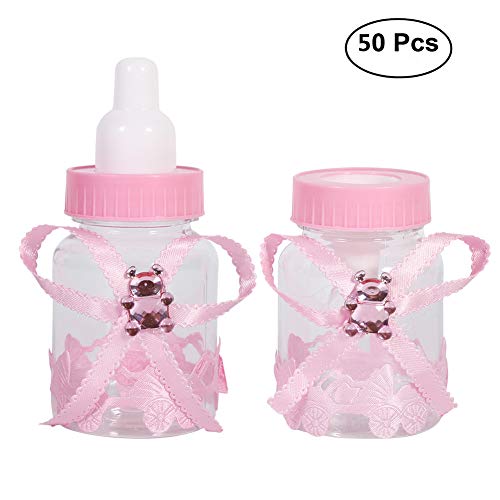 50 Piezas Botella de Caramelo, Caja Biberones Plastico Botellas Caja de Caramelo Set Botella Dulces Caja de Dulces para Fiesta de Baby Shower, 4 × 9 cm (Rosa)