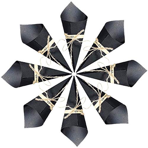 50 Piezas Conos de Arroz para Boda, Bolso boda para confeti o bolsa cucuruchos de papel kraft cono de arroz, cuerda de cáñamo, cinta de doble cara, etiqueta adhesiva (Color Negro)