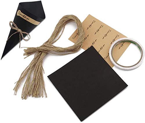 50 Piezas Conos de Arroz para Boda, Bolso boda para confeti o bolsa cucuruchos de papel kraft cono de arroz, cuerda de cáñamo, cinta de doble cara, etiqueta adhesiva (Color Negro)