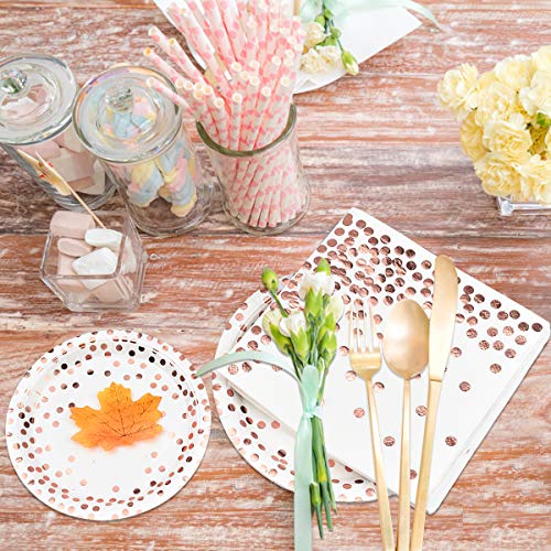 50 Piezas Vajilla Desechable de Fiesta, 10 Platos de Papel, 10 Vasos de Carton, 20 Servilletas de Papel, 10 Pajitas de Papel para Fiesta de Cumpleaños, Boda, Aniversario