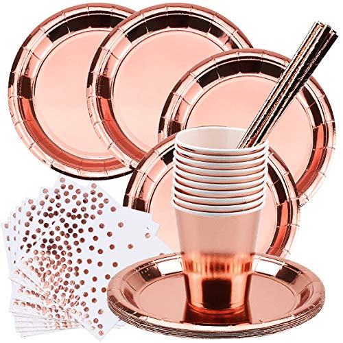 50 Piezas Vajilla Desechable de Fiesta, 10 Platos de Papel, 10 Vasos de Carton, 20 Servilletas de Papel, 10 Pajitas de Papel para Fiesta de Cumpleaños, Boda, Aniversario