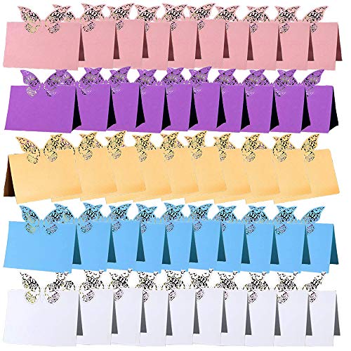 50 Tarjetas de Asiento Mariposa, Tarjetas de Lugar, Tarjeta de Lugar de Mariposa Cortada con Láser, para Decoración de Fiestas, Reuniones, Suministros de Boda (5 Colores)