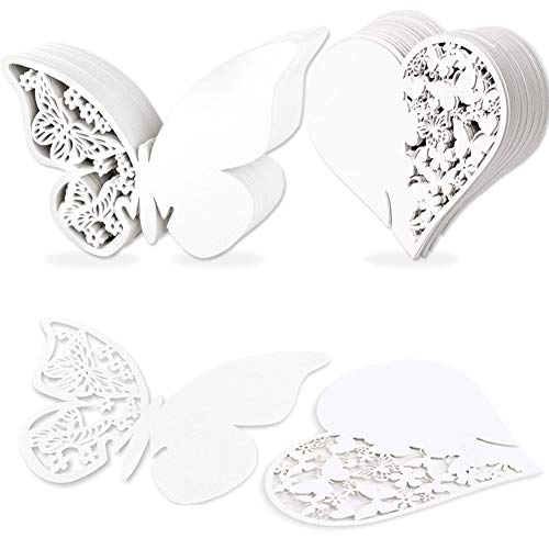 50Pcs Tarjeta de Copa Mariposa Y Corazón 3D Hollow Mariposa Y Corazón Nombre Lugar para Boda Invitaciones Regalo Detalle de Boda Cumpleaño Communion Blanco