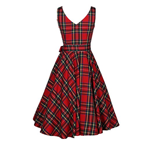 50s Vestidos Vintage Elegante Ceremonia de Boda Fiesta Mujer Vestido Retro Escocés Plaid Vestido sin mangas de la vendimia (XL, Rojo)