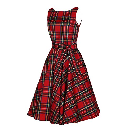 50s Vestidos Vintage Elegante Ceremonia de Boda Fiesta Mujer Vestido Retro Escocés Plaid Vestido sin mangas de la vendimia (XL, Rojo)