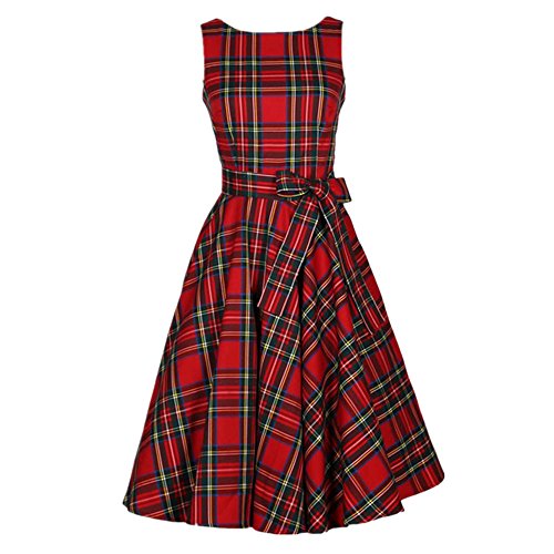 50s Vestidos Vintage Elegante Ceremonia de Boda Fiesta Mujer Vestido Retro Escocés Plaid Vestido sin mangas de la vendimia (XL, Rojo)