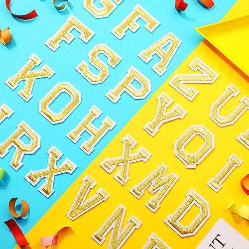 52 Piezas Parche de Planchar en Letras Apliques de Alfabetos de Costura con Letra Adhesiva Planchada Parche Decorativa de Reparación Bordado de A-Z para Zapatos Sombrero Bolsa Ropa (Dorado)