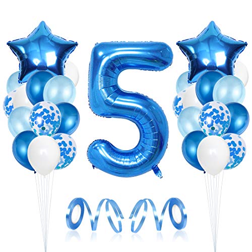 5er Cumpleaños Bebe Globos Decoracion, Cumpleaños 5 Año Bebe Niño, Globos Numeros 5 Decoracion, Globos de Confeti de Latex Boy Ballon Party Cumpleaños 5 Año