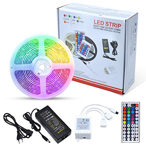 5M Tiras LED |150 leds 5050 RGB SMD Impermeable IP65 | Control Remoto de 44 Claves,Usado para Restaurante, Cocina, Porche,Fiesta,Kit Completo 12V [Clase de eficiencia energética A+++]