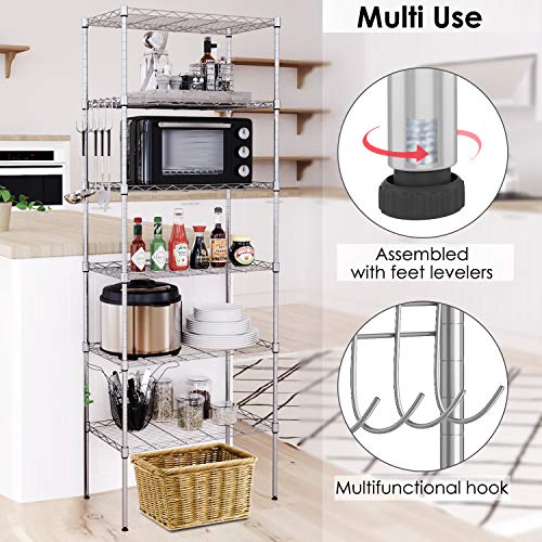 6 estantes de cocina con ganchos laterales de cromo 54 x 29 x 160 cm. (Plata)