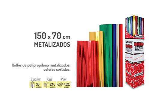 6 Rollos de Papel de Regalo - Material polipropileno Metalizado - Colores surtidos - medidas 150cm longitud x 70cm de ancho - Especial FLORISTERIAS, REGALOS.