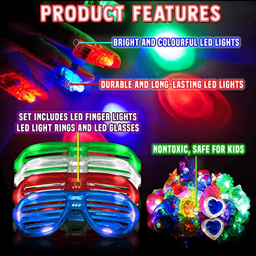 60 LED Dedos, Anillos Luces, Gafas Shutter Luz Juguetes - Neón Anillo Gafas Luminoso Juguete Creativo Y Para Fiestas Con Parpadeantes Regalos Para Cumpleaños Fiesta, Halloween niño Juguetes